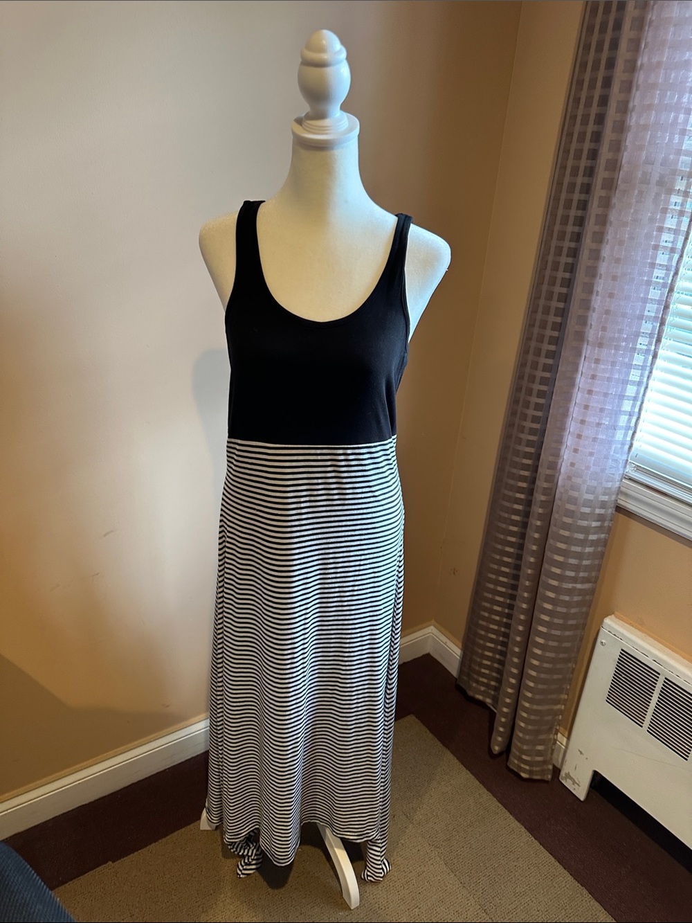 Black with Black & White Striped Maxi dress.